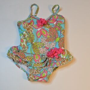 Hartstrings Aqua One-Piece Swimsuit with Pink Floral Accents